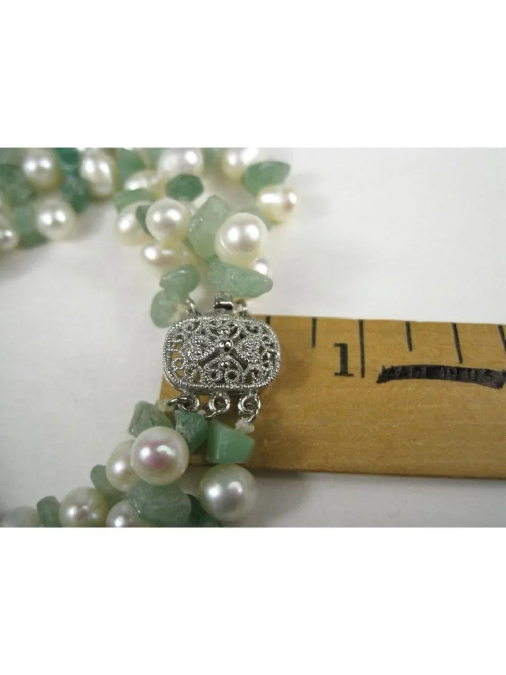 Vintage Multi Strand Jade Chip Freshwater Pearl Beaded Bracelet Silver Tone Box